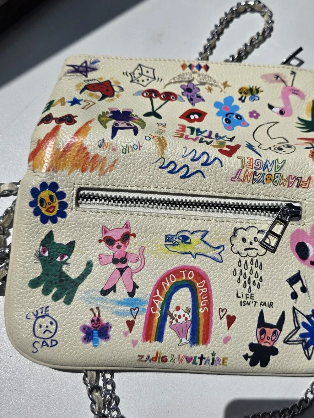 Zadig & Voltaire Cream Mini Clutch with Multicolor Graphic Motifs